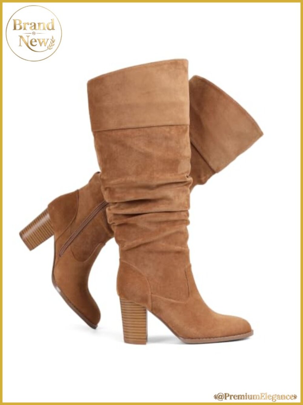 Wide Calf Suede Slouch Knee High Boots Side Zipper Heeled